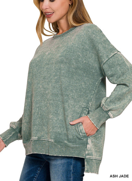 Acid Wash Fleece Hi-Low Hem Pullover by Zenana