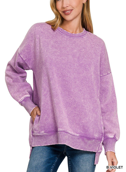 Acid Wash Fleece Hi-Low Hem Pullover by Zenana