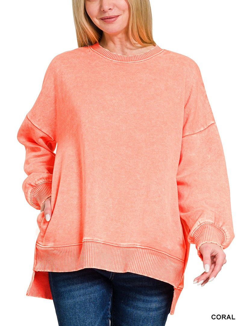 Acid Wash Fleece Hi-Low Hem Pullover by Zenana