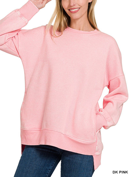 Acid Wash Fleece Hi-Low Hem Pullover by Zenana