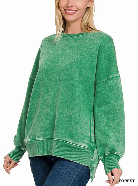 Acid Wash Fleece Hi-Low Hem Pullover by Zenana