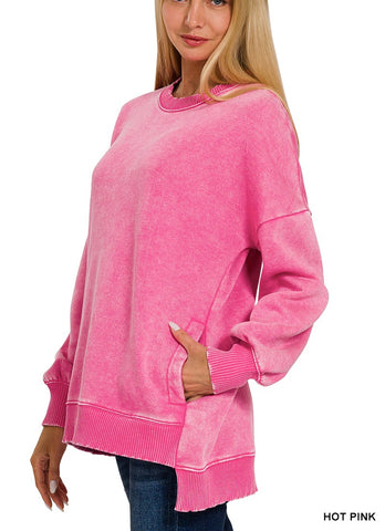 Acid Wash Fleece Hi-Low Hem Pullover by Zenana