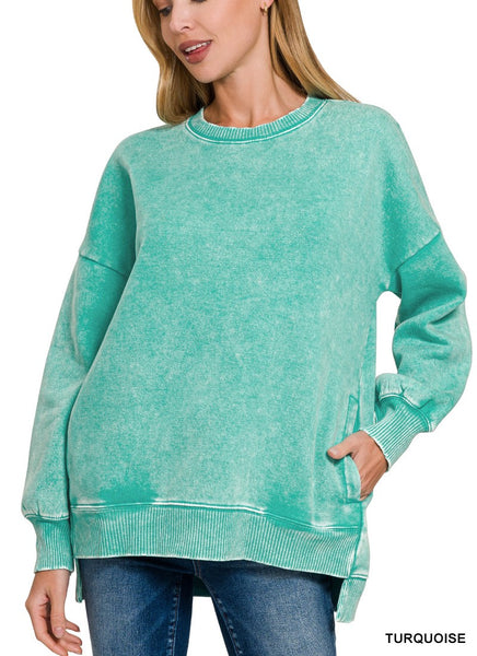 Acid Wash Fleece Hi-Low Hem Pullover by Zenana