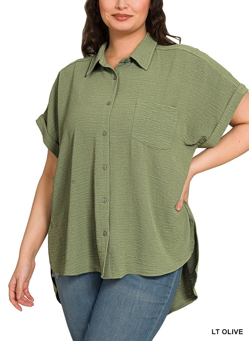 PLUS ZENANA WOVEN AIRFLOW BUTTON DOWN SHIRTS