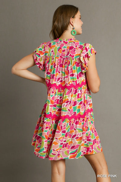 Abstract Print Tiered Dress with Ric Rac Trim Rose Pink Umgee