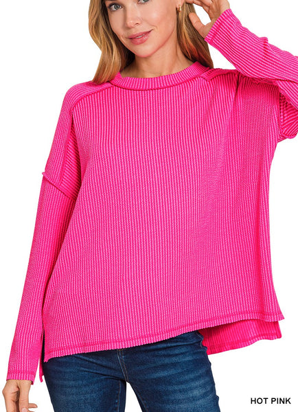 Raised rib raw edge boat neck long sleeve top