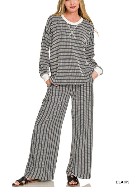 Raised rib striped pullover & pants set