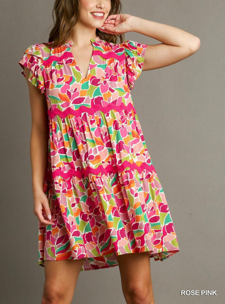 Abstract Print Tiered Dress with Ric Rac Trim Rose Pink Umgee