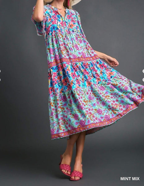 Mixed Floral Print Maxi Dress