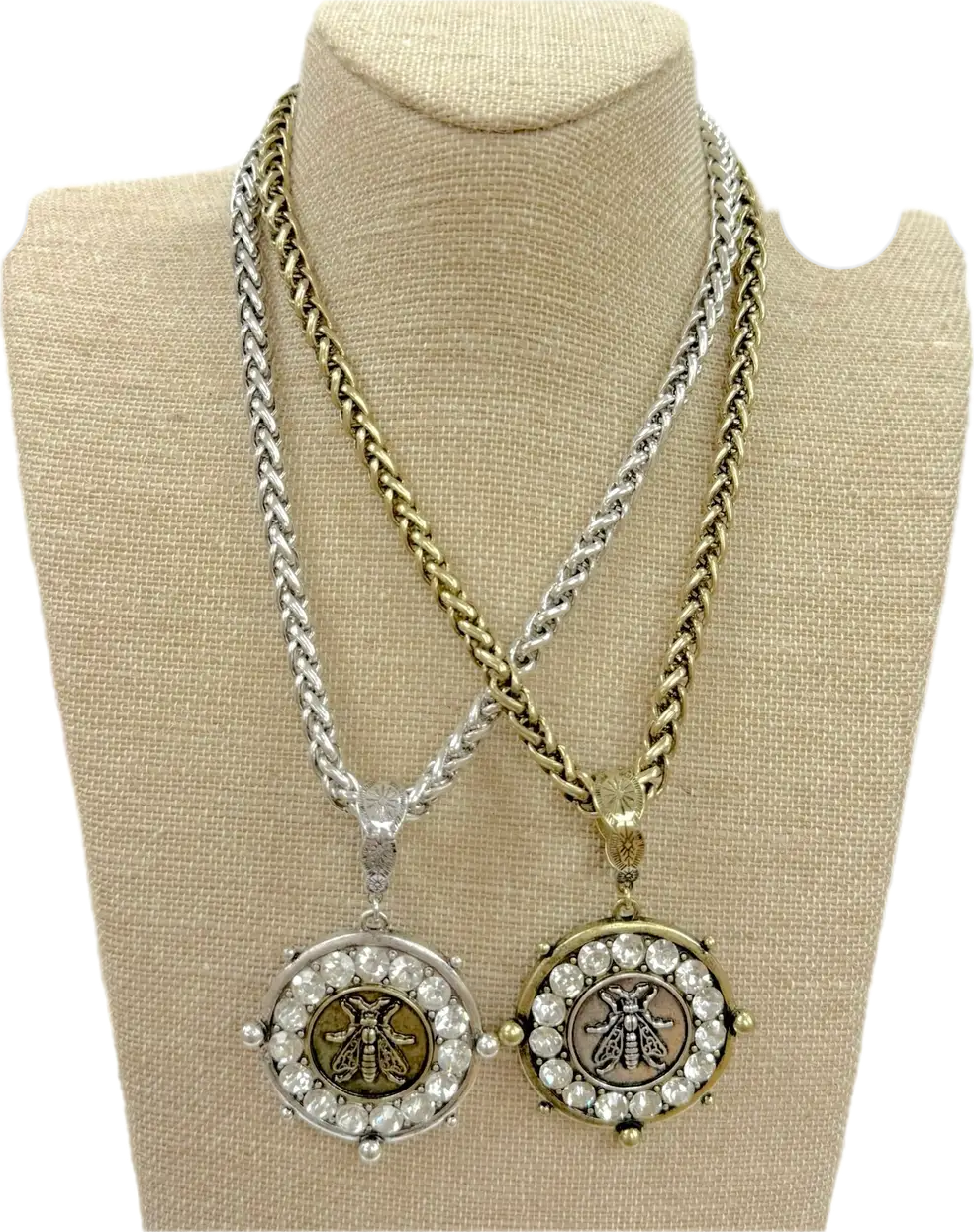 Bee Coin Pendant with Clear Crystal Edge On Chain Necklace