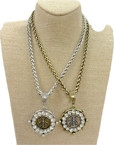 Bee Coin Pendant with Clear Crystal Edge On Chain Necklace