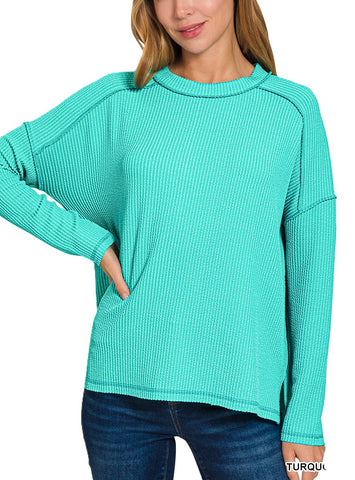Raised rib raw edge boat neck long sleeve top