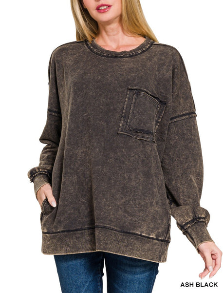 F/terry Acid Wash Raw Edge Front Pocket Pullover By Zenana