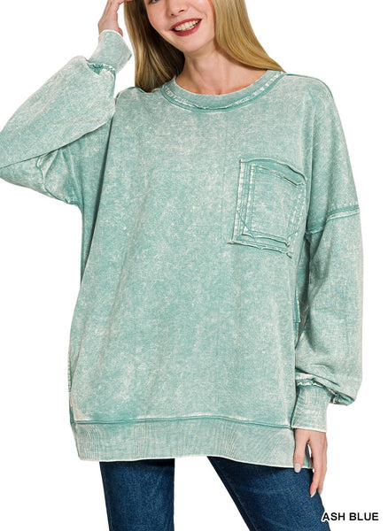 F/terry Acid Wash Raw Edge Front Pocket Pullover By Zenana