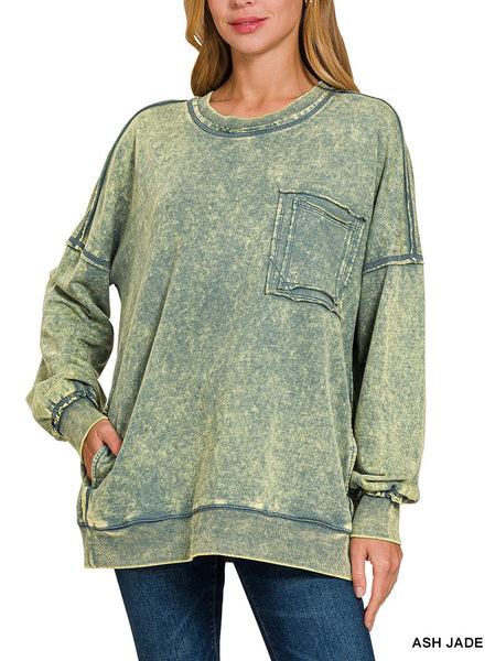 F/terry Acid Wash Raw Edge Front Pocket Pullover By Zenana
