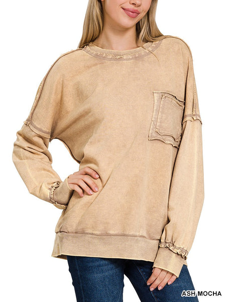 F/terry Acid Wash Raw Edge Front Pocket Pullover By Zenana