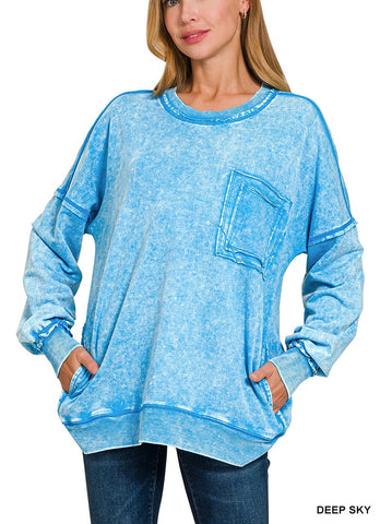 F/terry Acid Wash Raw Edge Front Pocket Pullover By Zenana