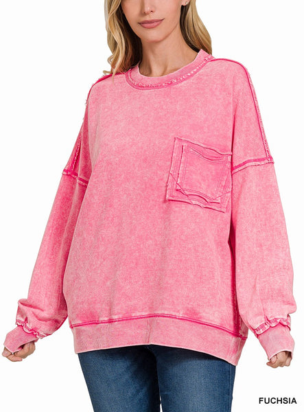 F/terry Acid Wash Raw Edge Front Pocket Pullover By Zenana