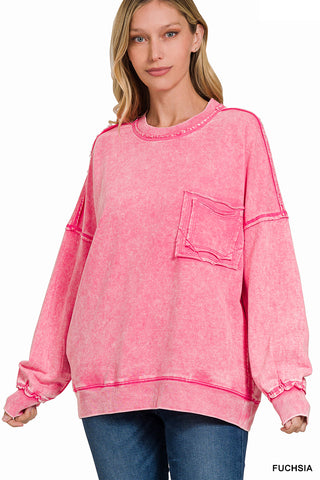 F/TERRY ACID WASH RAW EDGE FRONT POCKET PULLOVER BY ZENANA