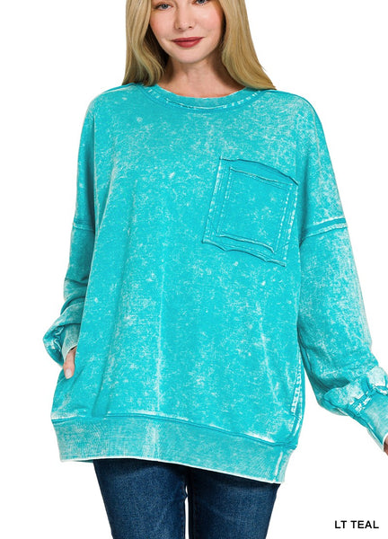 F/terry Acid Wash Raw Edge Front Pocket Pullover By Zenana