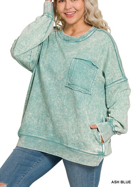 Plus F/Terry Acid Wash Pullover By Zenana