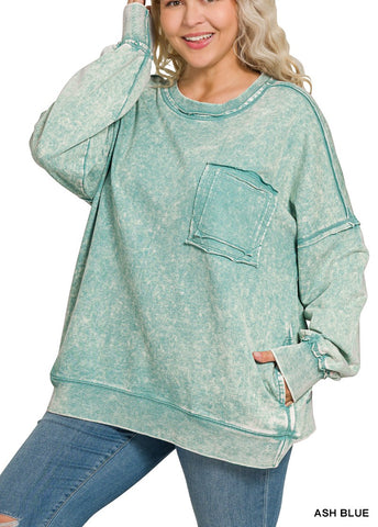 Plus F/Terry Acid Wash Pullover By Zenana