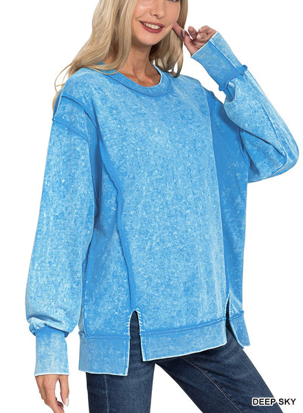 Zenana Acid wash f/terry exposed-seam sweatshirt TTW-5249A