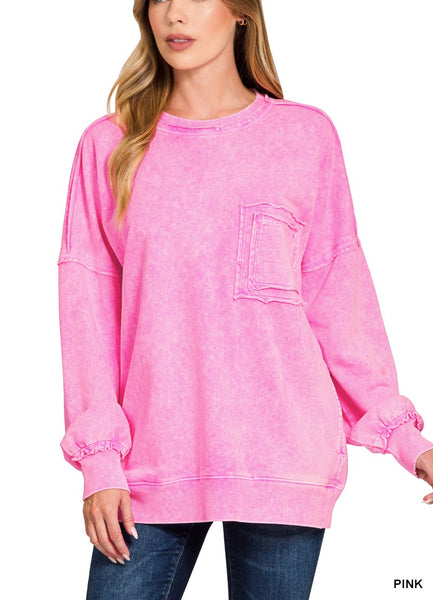 Halo Washed French Terry Exposed-Seam Sweatshirt by Zenana