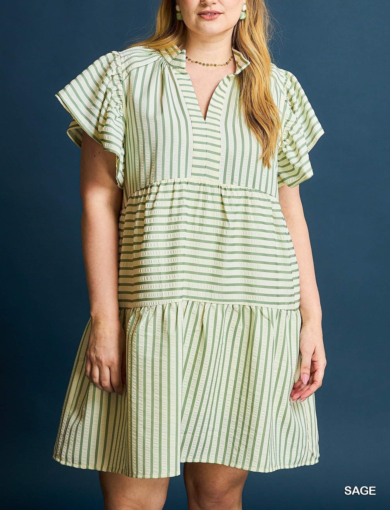 Striped Flutter Sleeve Babydoll Dress C4815