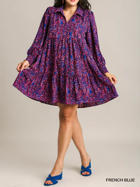 Mix Print Collared Long Sleeve Dress Plus Size