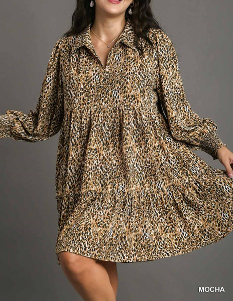 Mix Print Collared Long Sleeve Dress Plus Size