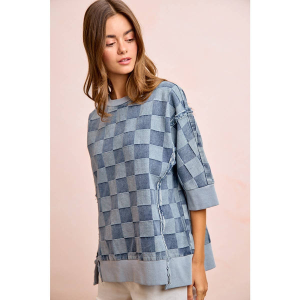 WASHED CHECKER DENIM OPEN SEAM SHORT SLEEVES TOP
