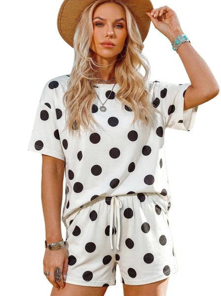 Polka Dot Print Tee with Drawstring Elastic Short Set