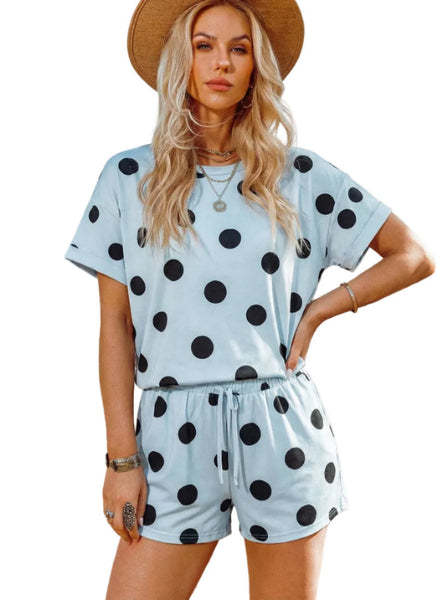 Polka Dot Print Tee with Drawstring Elastic Short Set