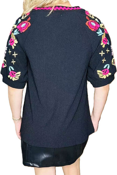Fuchsia trim & floral embroidery black women top