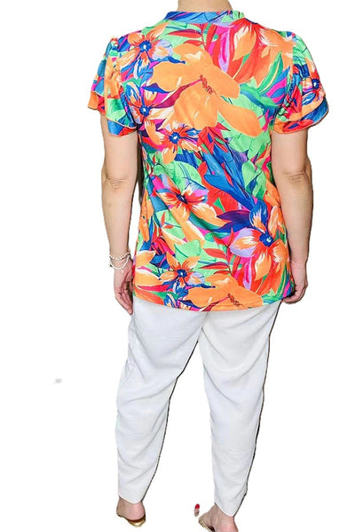 Orange mint floral printed double ruffle short sleeve women top