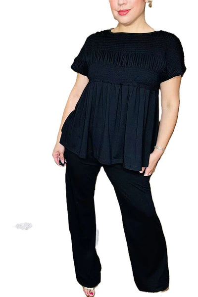 Black elastic front women top & wide leg pant 2pc women set
