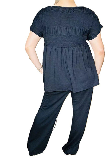 Black elastic front women top & wide leg pant 2pc women set