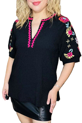 Fuchsia trim & floral embroidery black women top