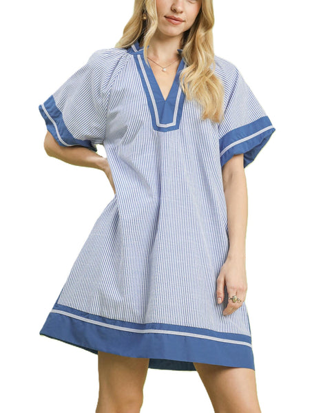 Striped Mixed V-Neck Mini Dress By Umgee