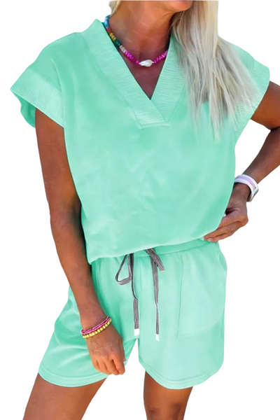 Solid V Neck Short Sleeve Top Drawstring Shorts 2pcs Set