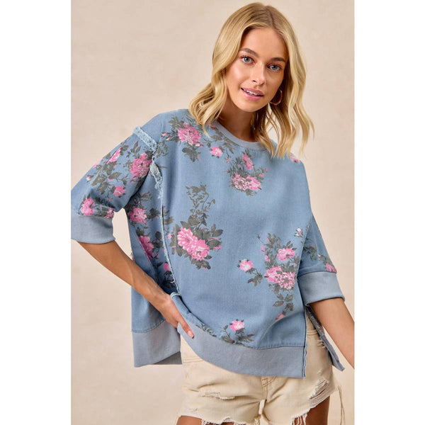 FLOWER PRINTED DENIM OPENSEAM DETAIL TOP BY BIBI