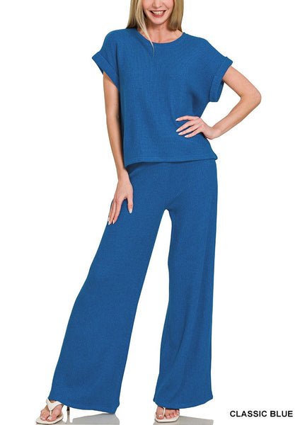 Sweater rolled sleeve top &amp; long pants set by Zenana