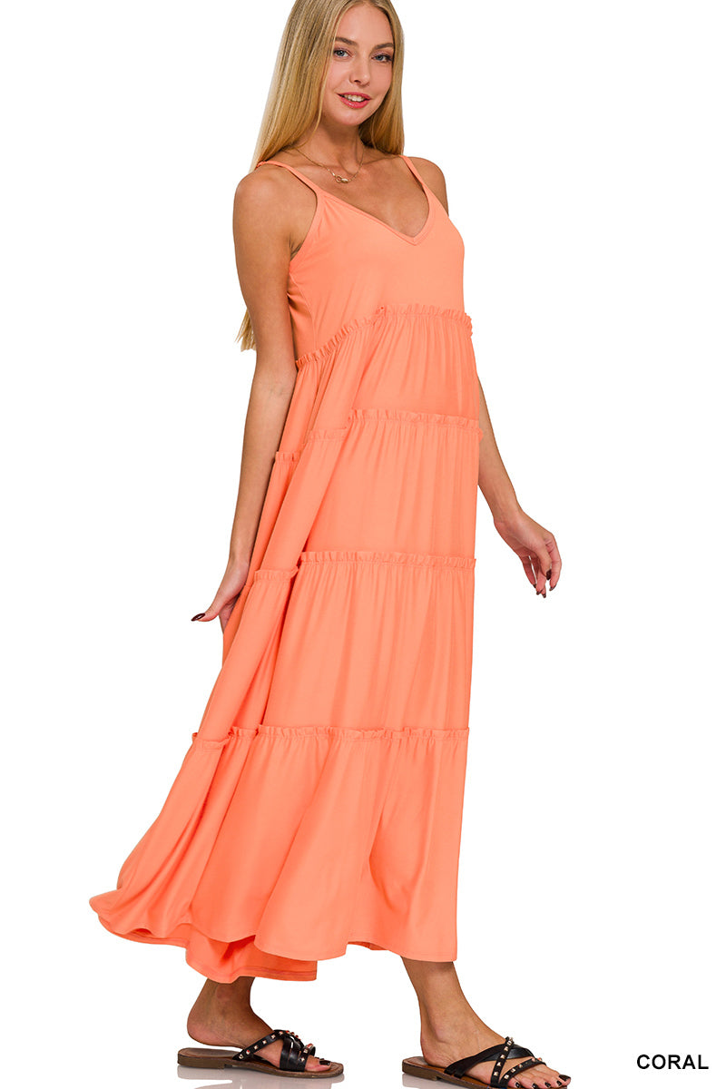 V-NECK CAMI MAXI TIERED DRESS W/ SIDE POCKETS BY ZENANA