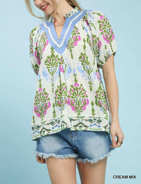Mix Printed Split Neck Boho Top By Umgee