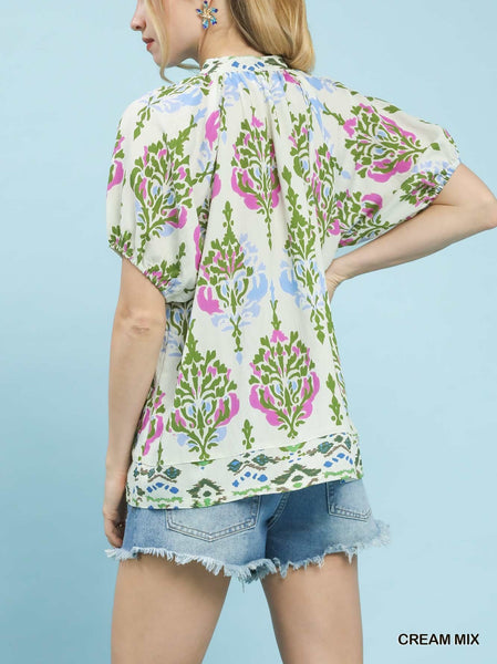 Mix Printed Split Neck Boho Top By Umgee
