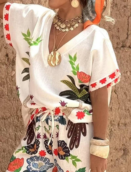 Bohemian Floral V-Neck Top and Pants Set