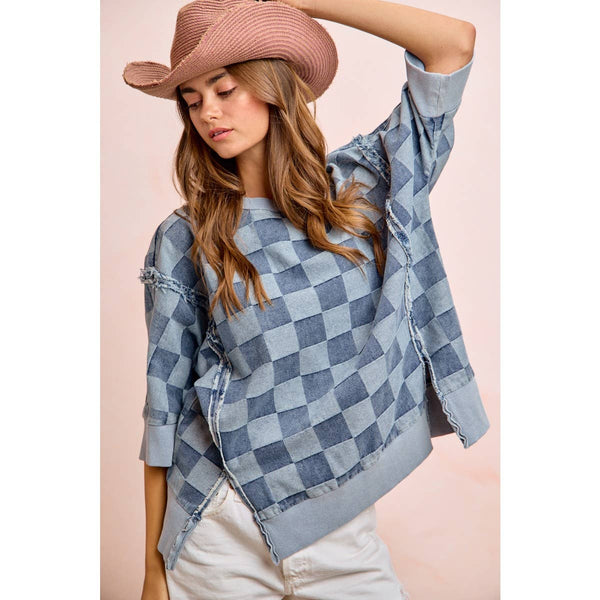 WASHED CHECKER DENIM OPEN SEAM SHORT SLEEVES TOP