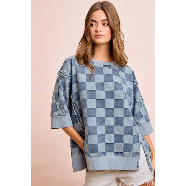 WASHED CHECKER DENIM OPEN SEAM SHORT SLEEVES TOP