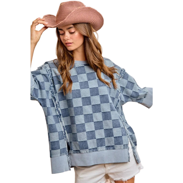 WASHED CHECKER DENIM OPEN SEAM SHORT SLEEVES TOP